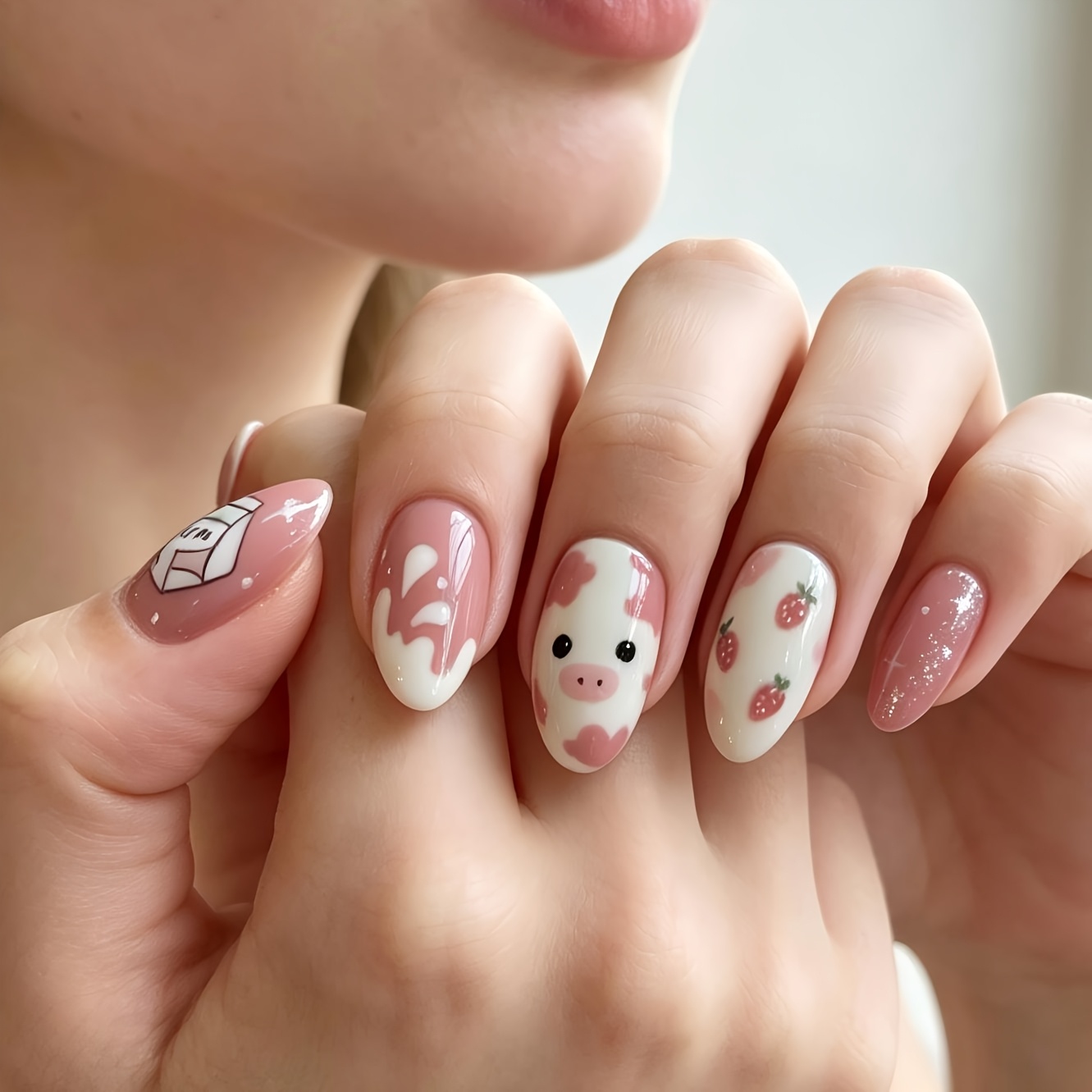 TEMU 24pcs Pink Cow Pattern Glossy Medium Length Almond-shaped Fake Nails Press-on Nail Stickers Gothic Nail Art Nail Set Women's Nails Cute Nails