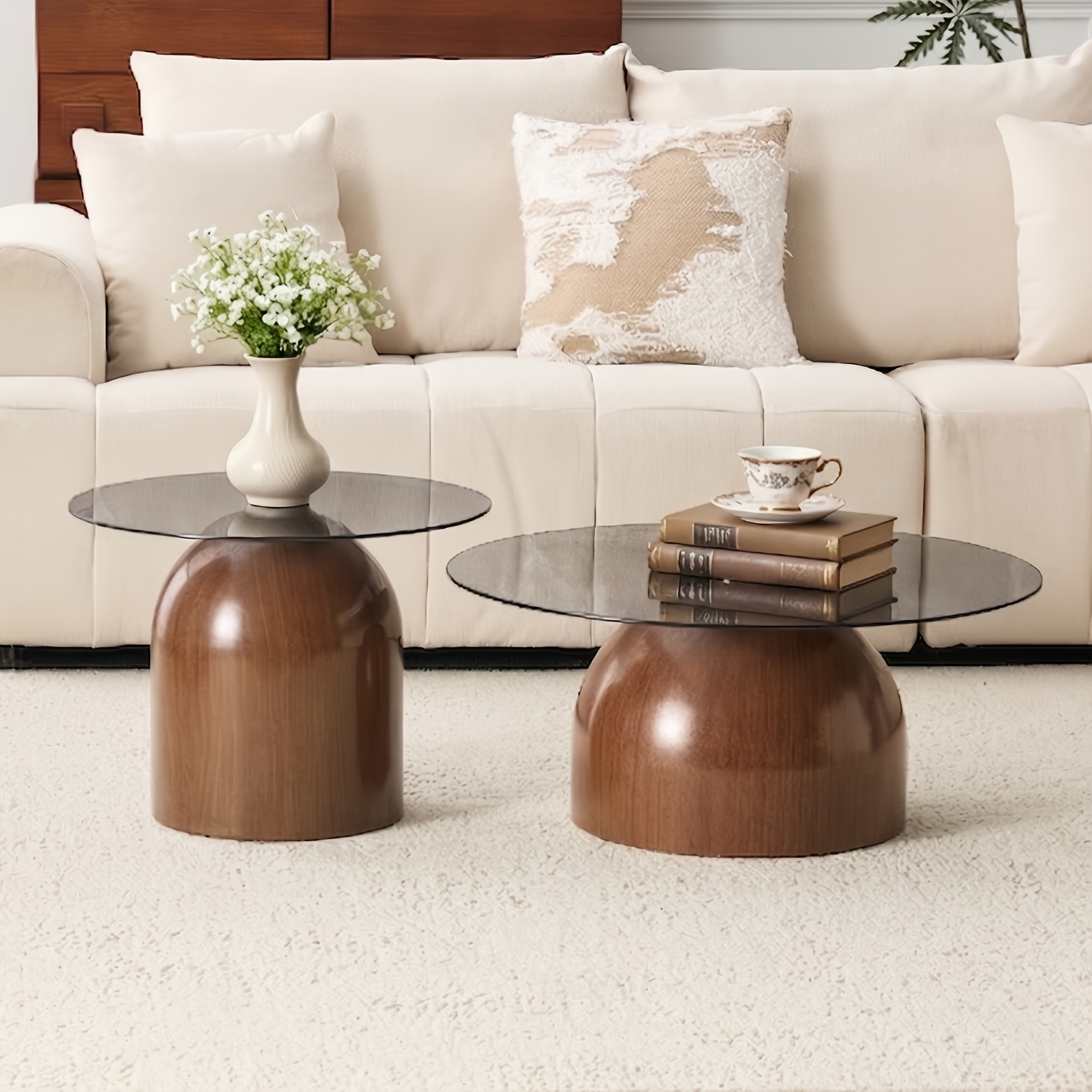 Nesting Coffee Table Set Of 2, Small Coffee Table for Small Spaces Apartment, Round Glass Coffee Table Set, Modern Space Saving Center Table for Living Room Balcony Office