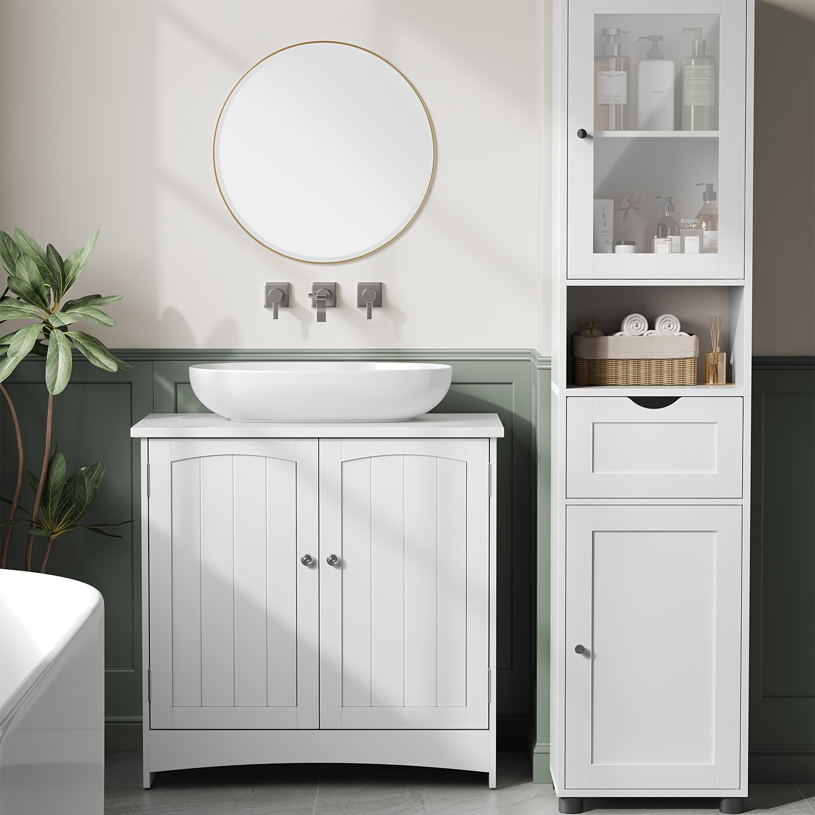 E-shop Hoher Badezimmerschrank Freistehend, Schlanker Badezimmer-Schrank mit offener Ablage, Glastür, wasserfeste Füße, höhenverstellbare Regale,