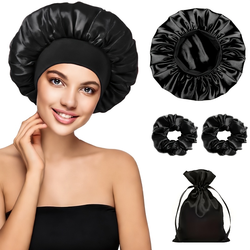 E-shop 4-teiliges Satin-Haarhauben-Set mit Satin-Scrunchies Beutel von SPRINSOO, -Frizz-Schlafhaube, Duschhaube, weiche Nachtmütze für Locken, Zöpfe,