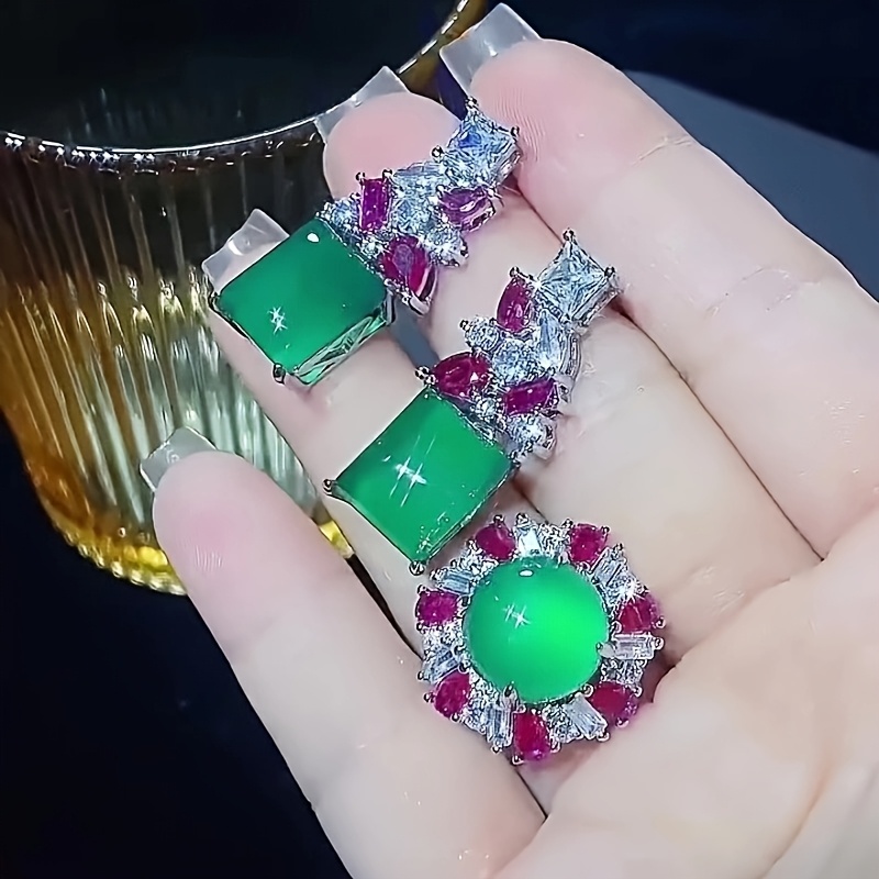 Luxurious Adjustable Ring & Princess Earrings Set, Green & Red Cubic Zirconia