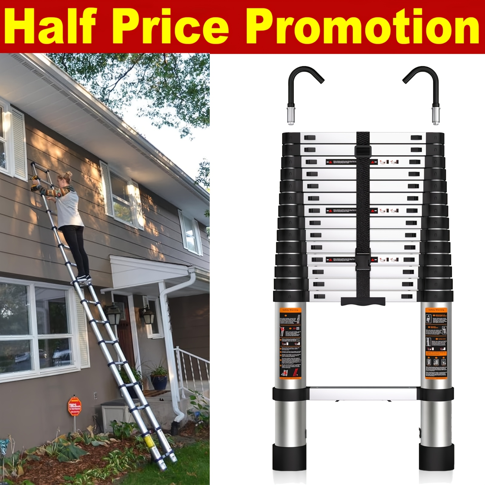 Image of Telescoping Step Ladder 5m Extension Ladder Collapsible With 2 Detachable Hooks, Portable Collapsible Telescope Ladder For Home, Rv, Roof Outdoor Work, 330lbs Heavy Duty
