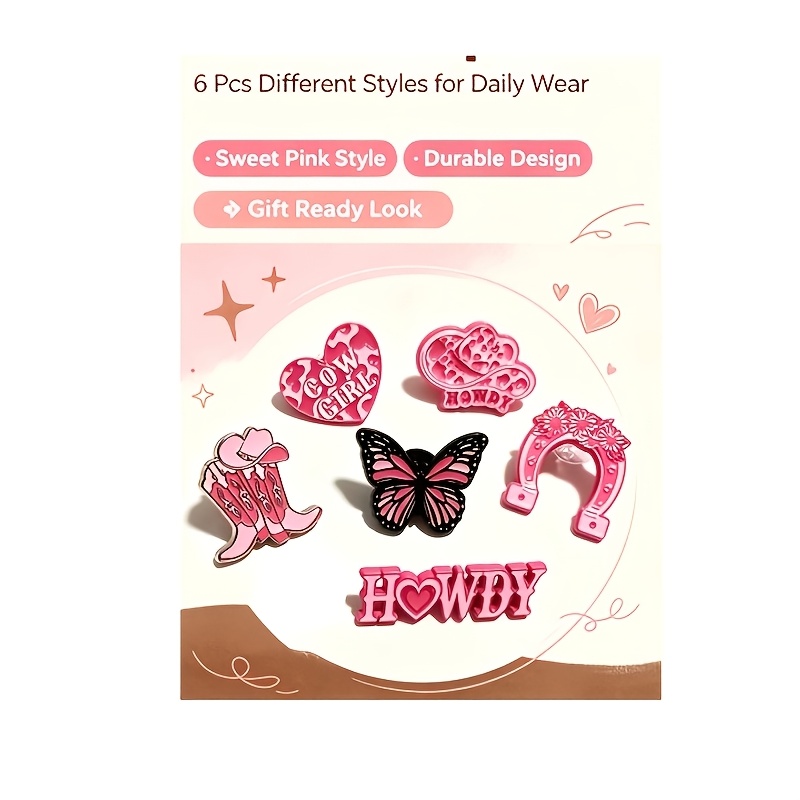 TEMU Set Of 6 Pink Cowgirl Enamel Pins, Western Howdy Lapel Brooches, Cowboy Boots, Horseshoe, , Heart Badge For Backpack Hat Clothing, Country Rodeo
