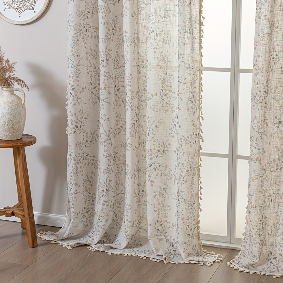 Image of 1pc 2d Printed Non-true Embroidery Pastoral Floral Pattern With Beige Tassel Semi-transparent Polyester Linen Rod Pocket Curtain
