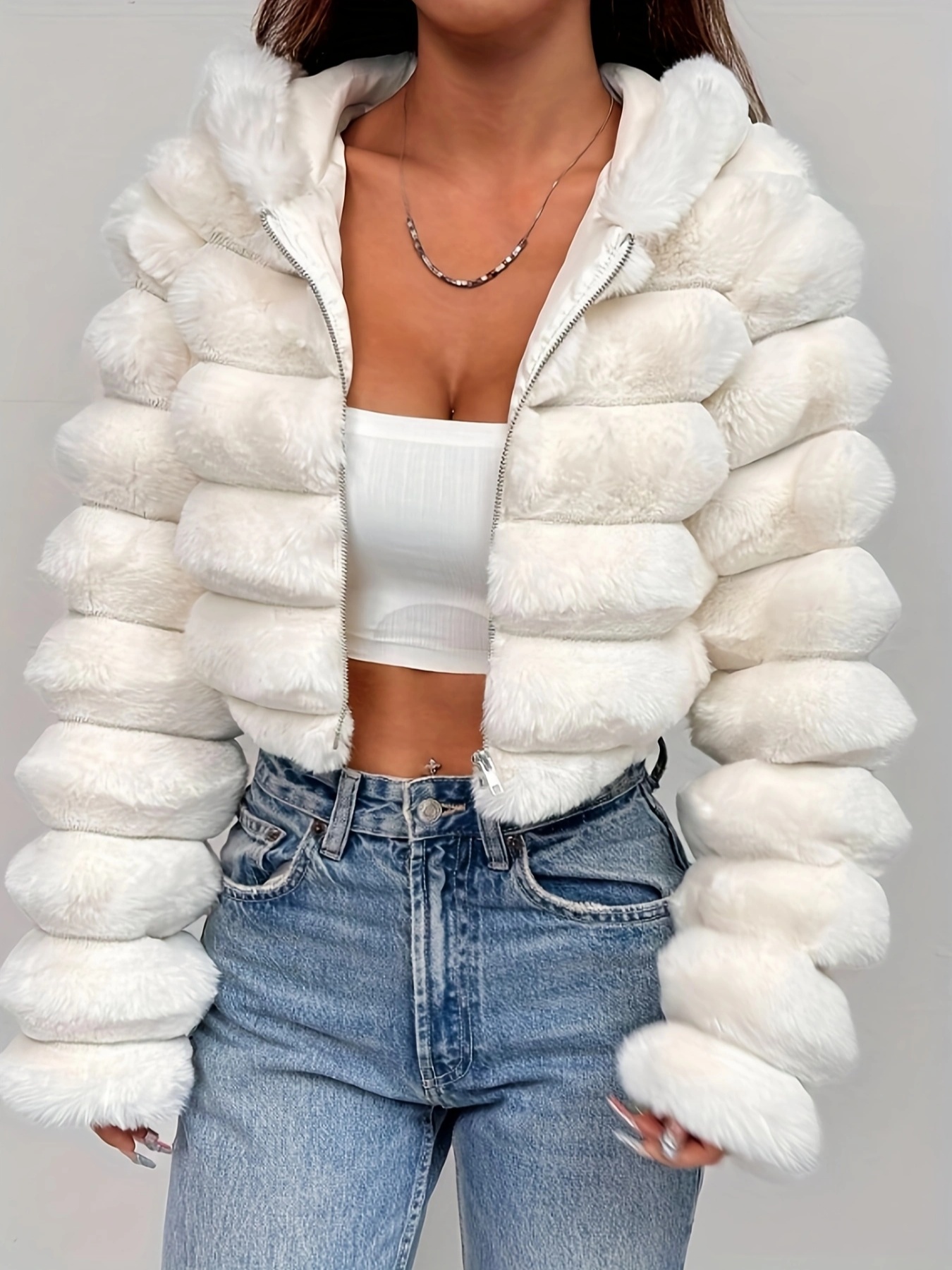 womens elegant   fur lined hooded jacket chic short coat with zipper closure long sleeves solid color striped design for fall winter cozy warm outerwear for casual or formal occasions ladies winter coats seasonal fashion stylish outerwear plush texture fashionable outerwear winter wardrobe   0
