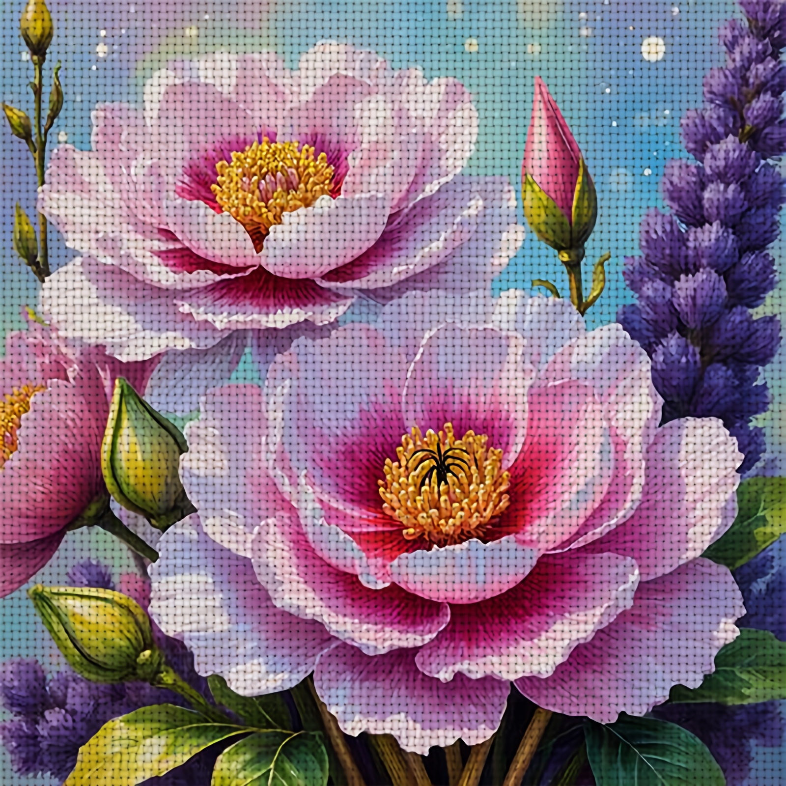 DIY Cross-Stitch Printed Kit, Pink Peonies & Purple Spikes Design