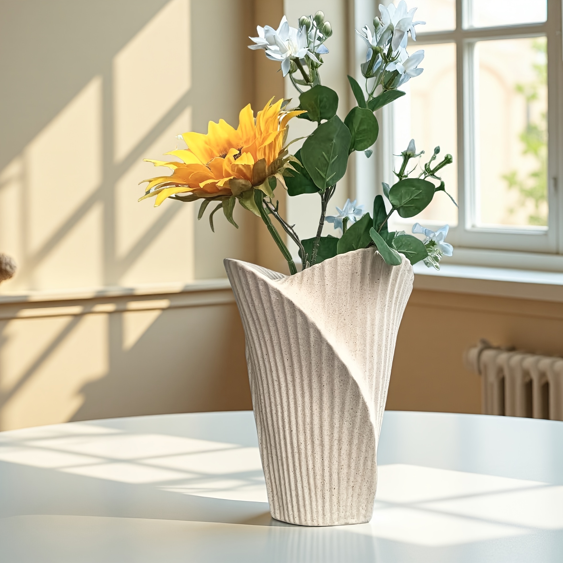 A New Ceramic Vase, Decorative Vase, Ornamental Vase with a Frosted Beige Finish, Featuring Unique Line Designs. Suitable for Modern Home Decor, Simple and Stylish, Ideal as a Tabletop Vase or Handmade Vase. Perfect for Home Decoration, Holiday Gifts