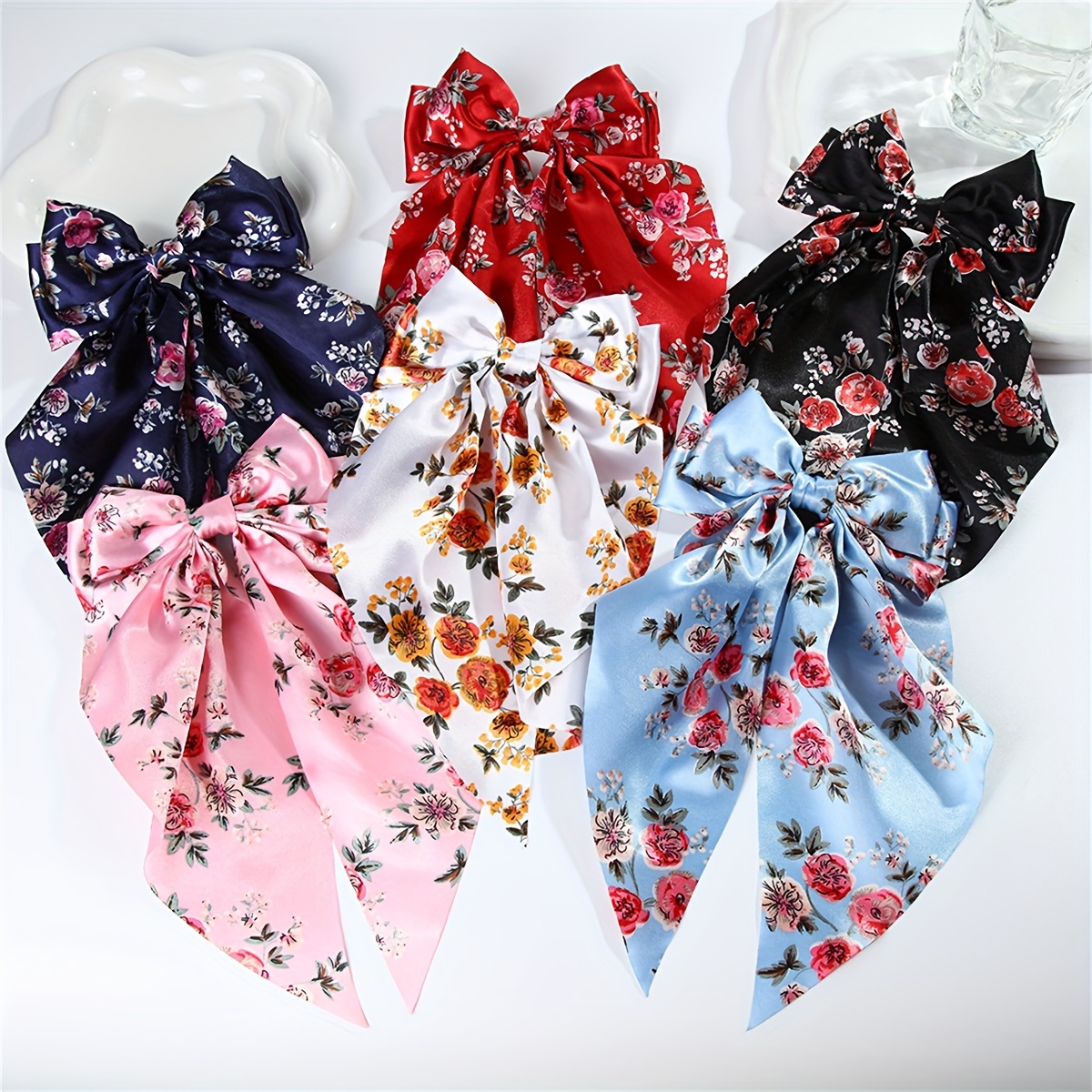 

6pcs Floral Printed Ribbon Bow Hair Clips, Elegant & Vintage Fabric Ponytail Hair Accessories For Ladies With Spring Clamp Set