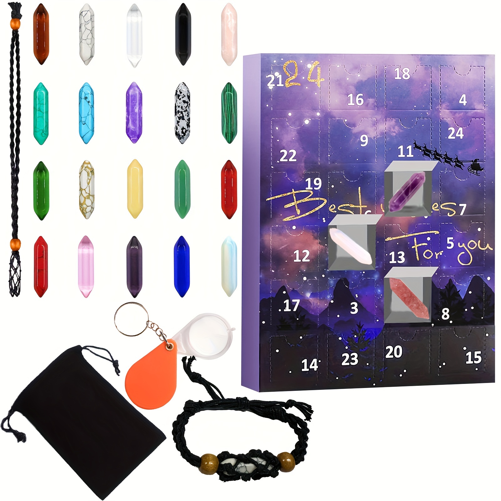 

Style Christmas Advent Calendar With Synthetic Crystal Stones, Jewelry Making Tools Set, Includes Necklace Stand, Magnifying Glass & Storage Pouch, With Synthetic Crystal Stones , Friends,