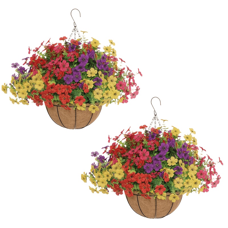 TEMU 2 Sets Of Yellow Artificial Flowers With Hanging Baskets- 24pcs Outdoor Spring Summer Decor For Front Porch, Garden& Patio