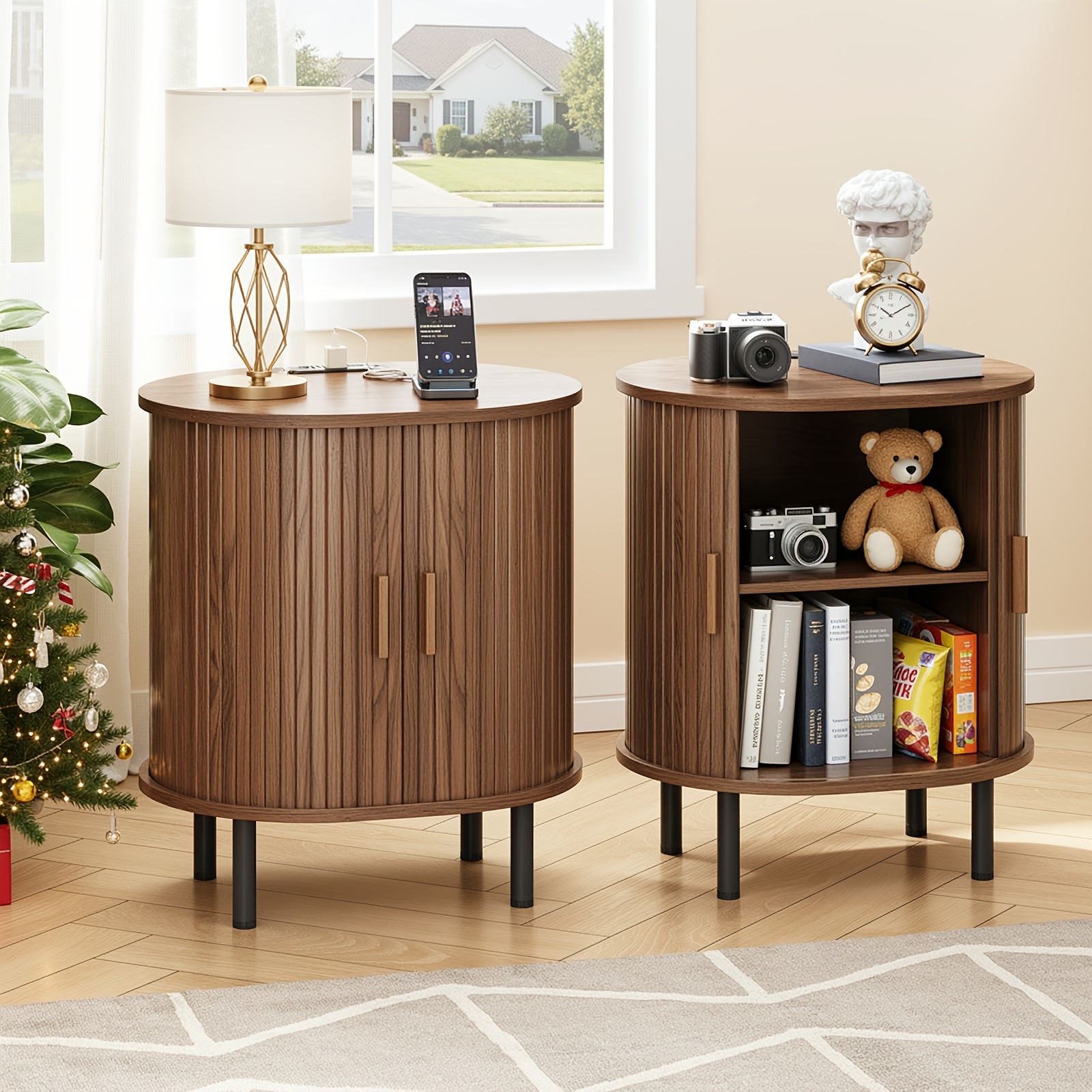 2pcs Mid-Century Modern End Table with Storage & Charging Station - Nightstand with Sliding Door Cabinet, Adjustable Shelf & Leg Pad, Compact Space-Saving Suitable for Small Spaces, Living Room, Bedroom - Assembly