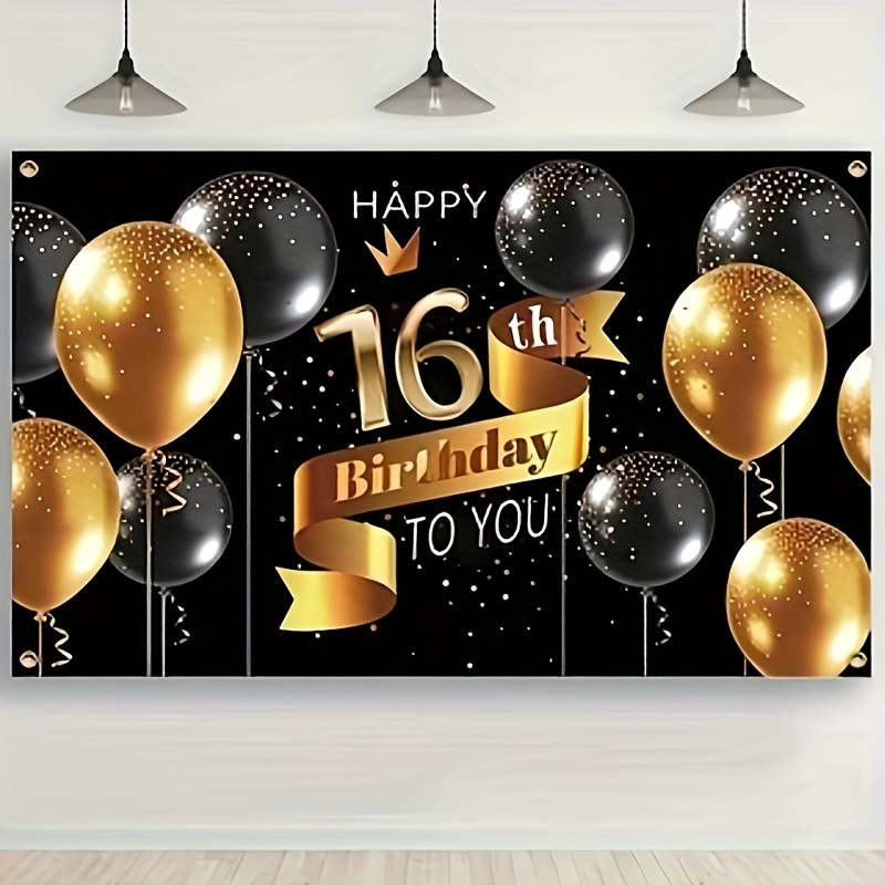 

1 Pc Happy Birthday Decoration Banner (43.3 X 70.8 Inch) Happy 16th Birthday Backdrop Banner - 16 Birthday Party Decorations Supplies For Boys - Black Golden