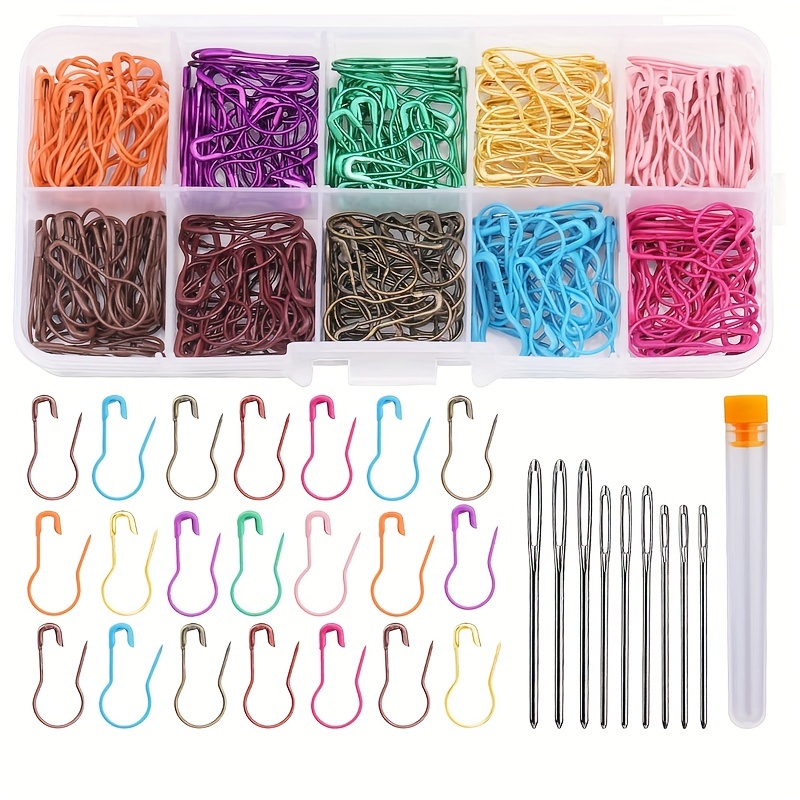 

300pcs Metal Stitch Markers Set For Crochet & Knitting, Assorted Colors Safety Pins, With 9 Blunt Sewing Needles, Durable Knit Weaving Accessories