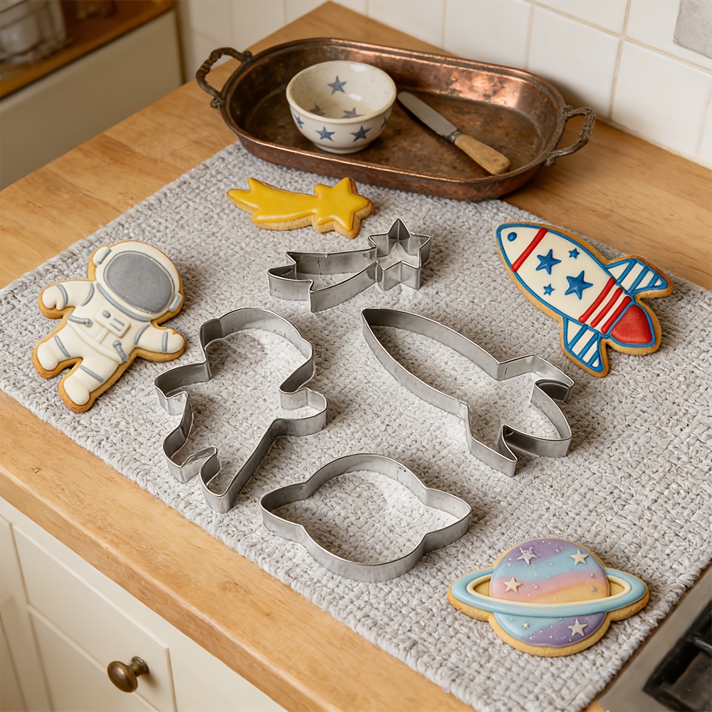 4pcs space themed cookie cutter set rocket astronaut meteor planet baking molds in 430 stainless steel