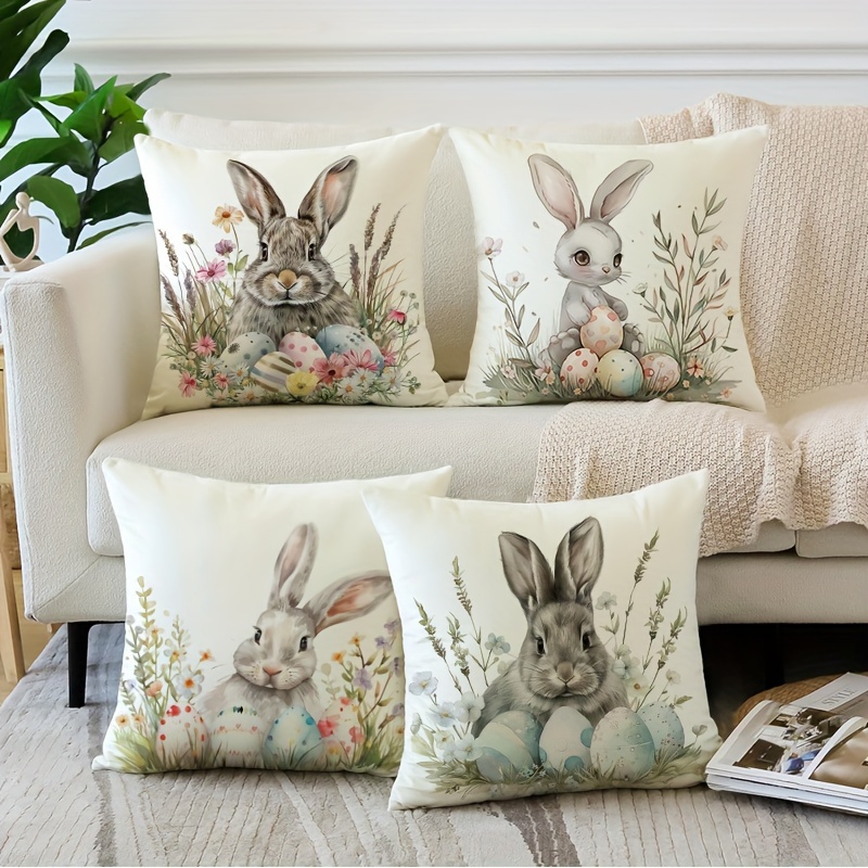 

4-pack Vintage Style Easter Bunny Throw Pillow Covers, Decorative Polyester Zippered Pillowcases With Floral Patterns For Home, Sofa, And Bedroom - Machine Washable, 18x18 Inches (no Insert)