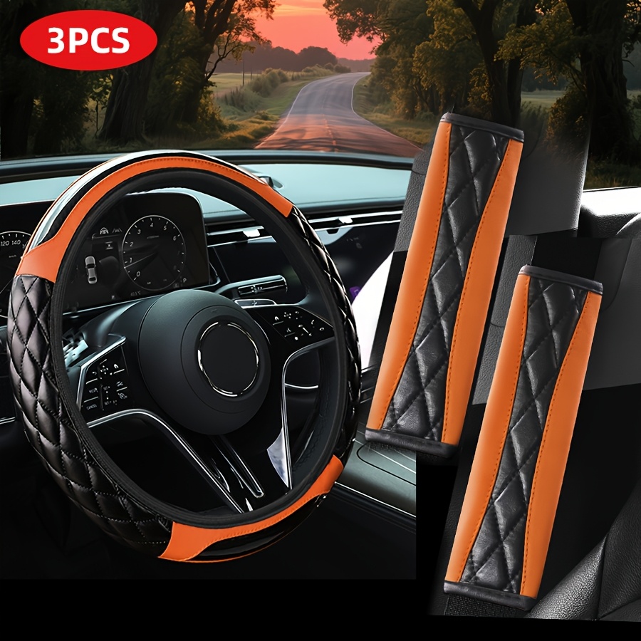 TEMU Multi-piece Car Interior Set, Featuring A Glossy Carbon Fiber Pattern Pu Leather Design, Includes A Steering Wheel Cover, Seat Belt Shoulder