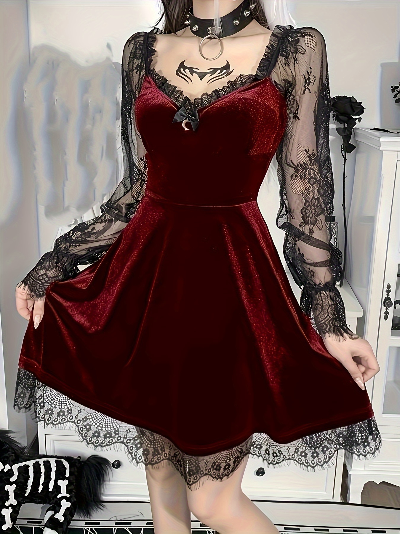 fitted lace wedding dress Sheer Scalloped-Lace Long-Sleeve Mini Dress in Wine Red main image 1