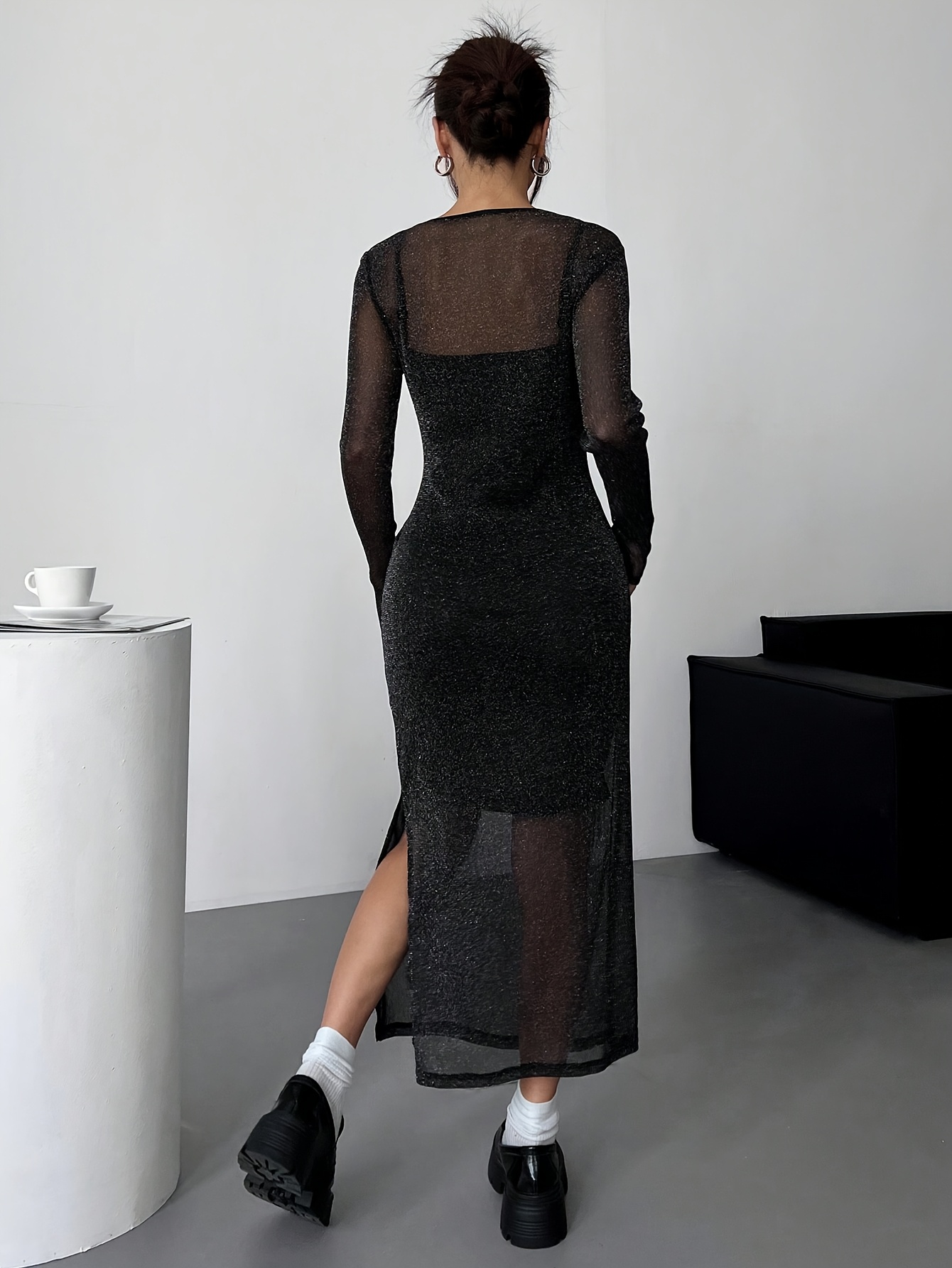 embroidered mesh dress long sleeve Vintage Flower Embroidered Mesh Patchwork Dress, Green / L (Bust 96 cm)