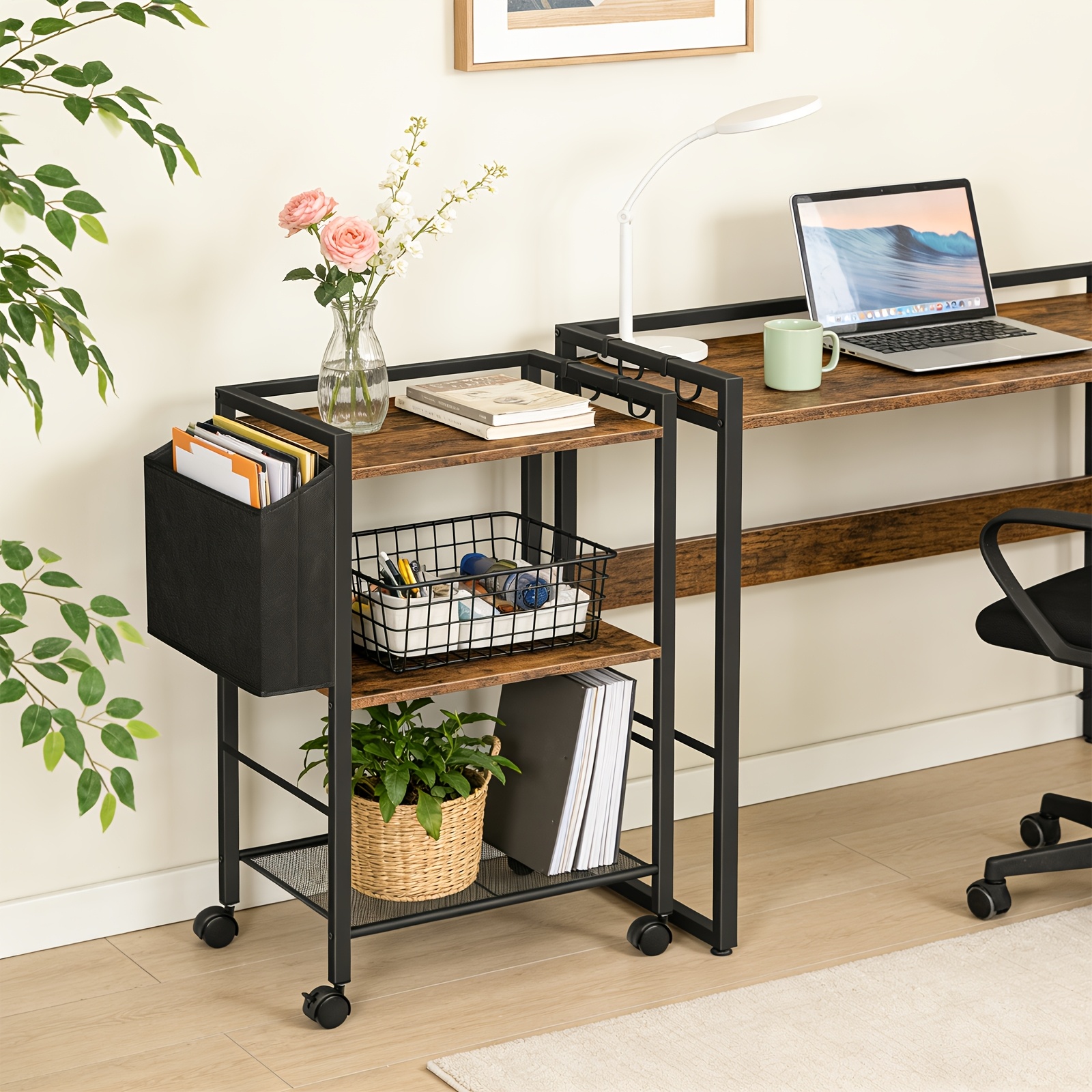 3 Tier Rolling Storage Cart With Wheels, Utility Cart With Hanging Pocket, Mobile Organizer Cart For Kitchen, Bathroom, Laundry Room, Office
