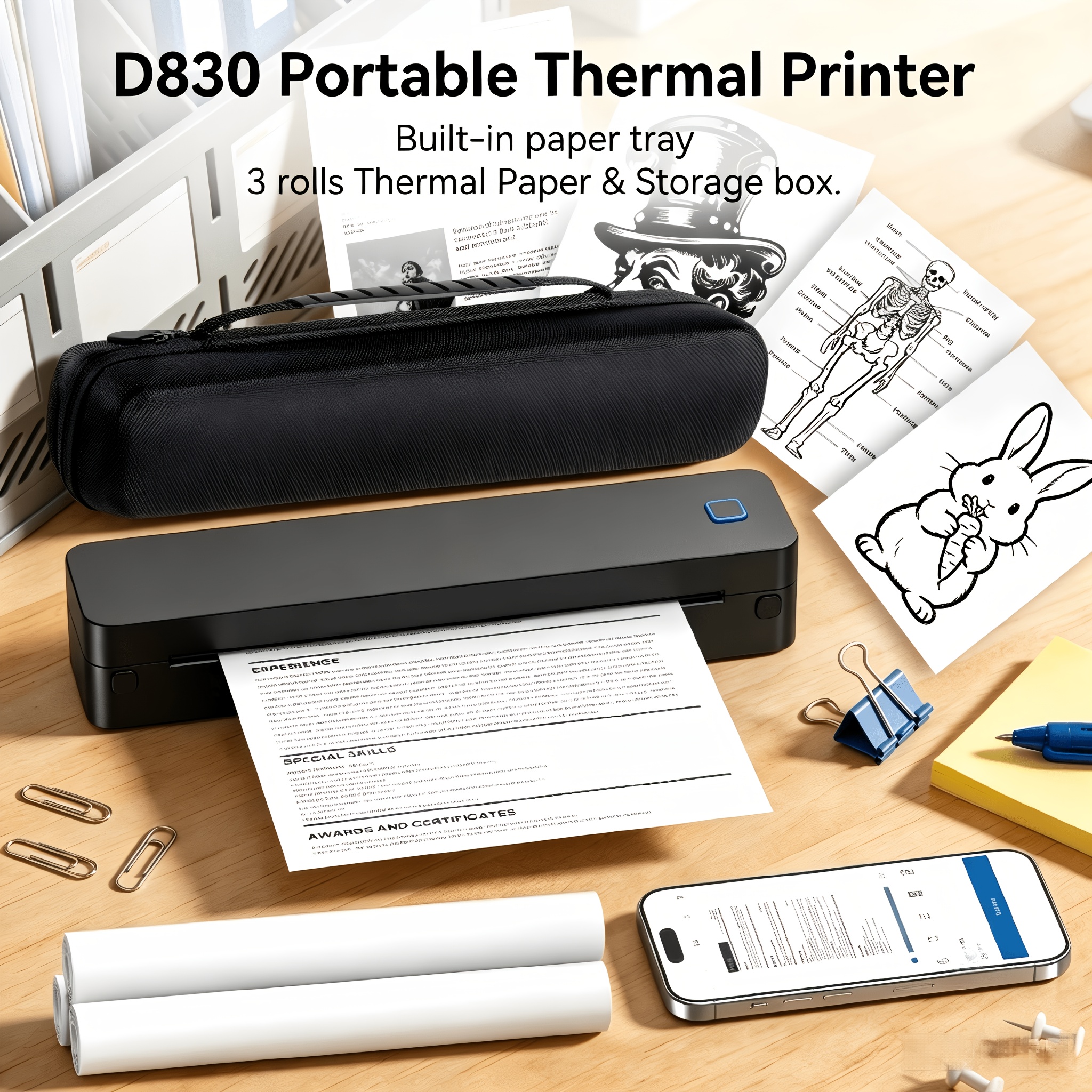 Image of D830b Portable Thermal Printer, Inkless Thermal Printer Supports 216/210mm Paper, For Business/office/home, Compatible With Phone, Tablet & Laptop, With 3 Rolls & Storage Box Bundle.
