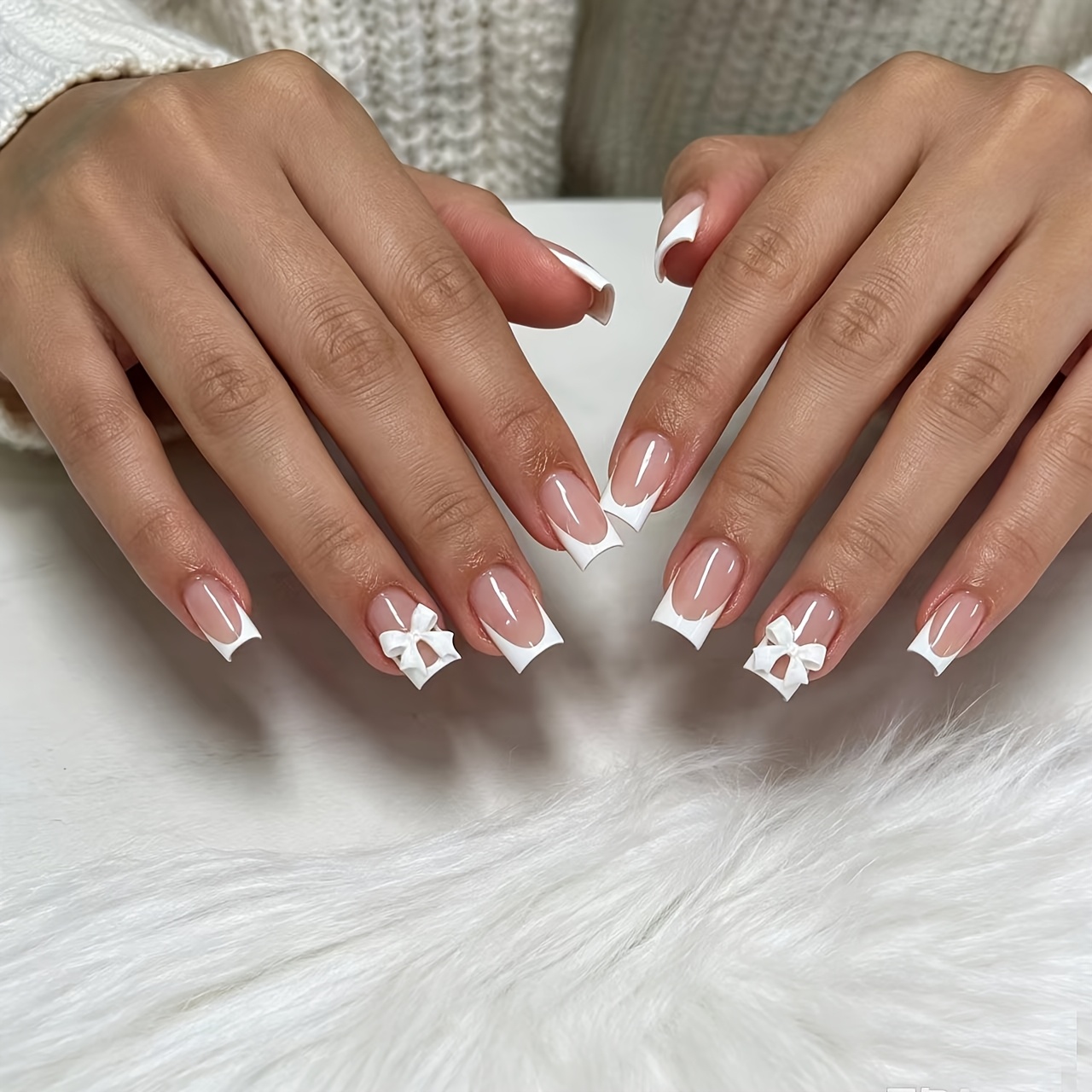 TEMU 24pcs Medium Square White French Edge 3d Bow Press-on Nails Removable Nail Sheets Wearable Nails Fake Nail Patches Free Jelly Glue Nail File