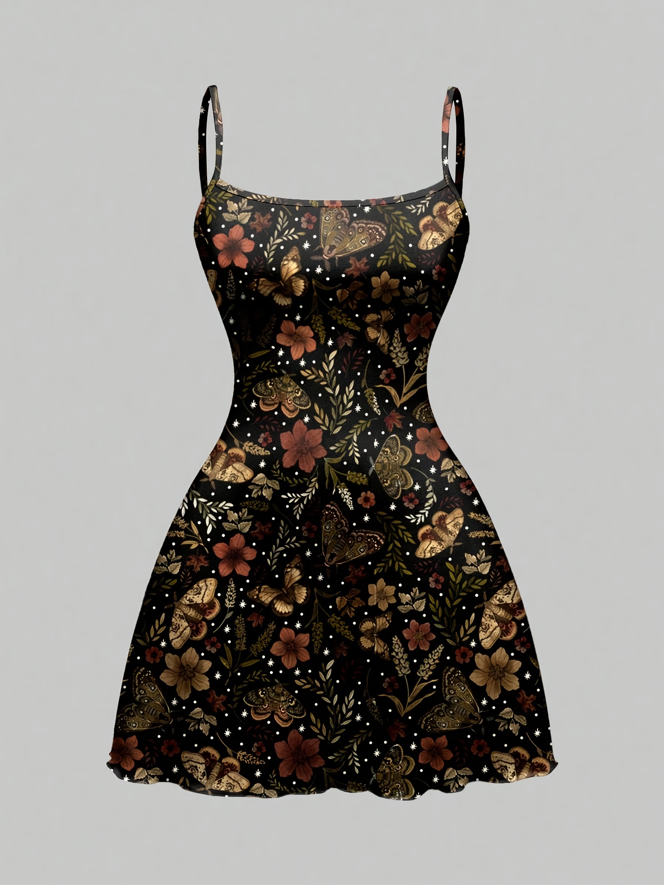 Cute Moth Butterfly Floral Plant Autumn Maple Leaf Moon Star Full-Print Camisole Dress