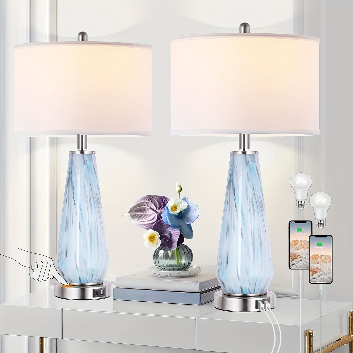 

Modern Table Lamp Set Of 2 Touch Control, 27" Tall Faded Swirl Blue Gray Art Glass Bedside Lamp With Usb Ports, 3-way Dimmable Hand Crafted Nightstand Lamps White Drum Shade For Living Room, Bedroom