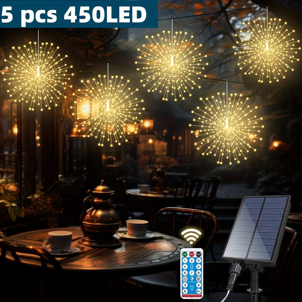 

5pcs 450leds Solar Starburst Sphere Lights, Lights Remote 8 Dimmable Hanging Fairy Light, Copper Wire Sparkly Lights For Tent Christmas