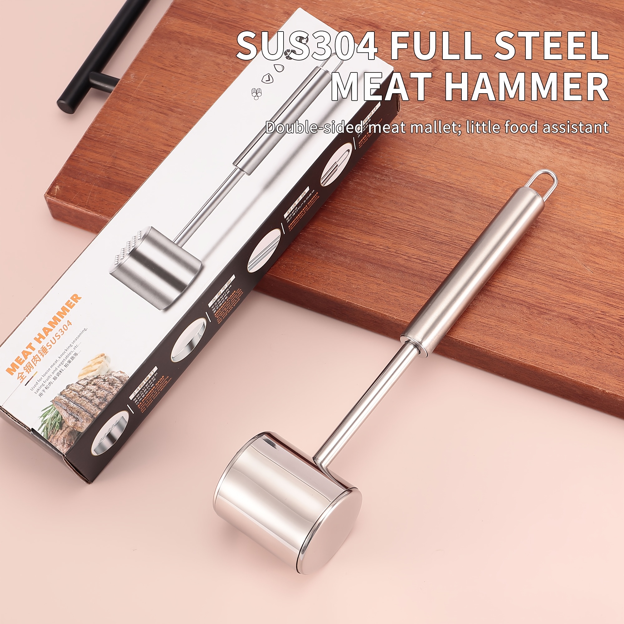 Image of Sus 304 Stainless Steel Meat Tenderizer Hammer - Double-sided Kitchen Tool For Steak, Pork Chops & Ground Meat, Durable & Easy To Clean