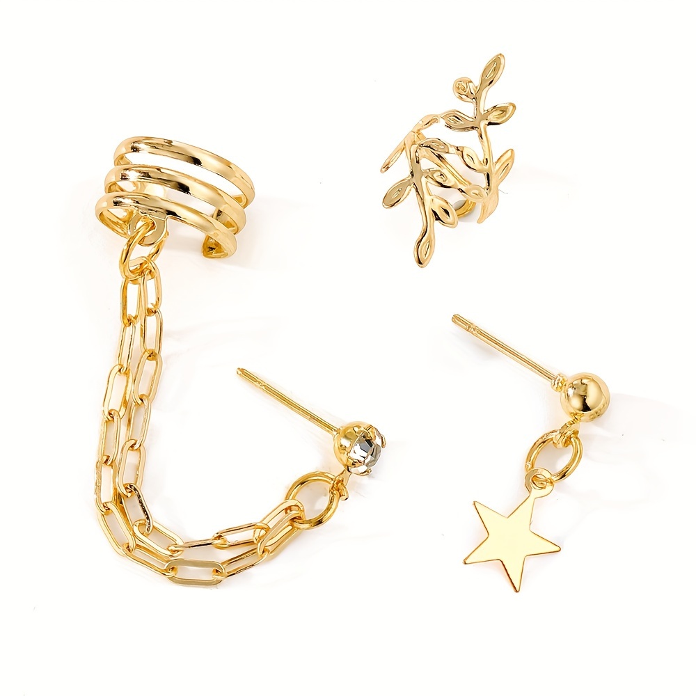 3pcs Star Chain Leaf Clip-On Earrings Set for Women