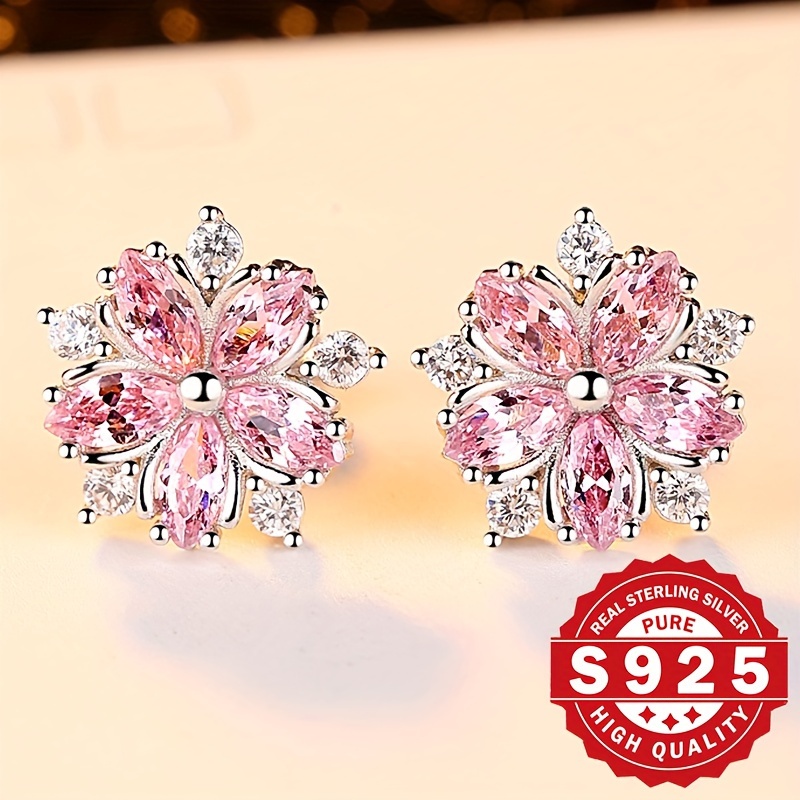 

925 Sterling Silver Elegant Stud Earrings With Cherry Blossom Zircon Inlaid, Dainty Floral Jewelry For Women, Cute Stylish Accessory For Party Concert