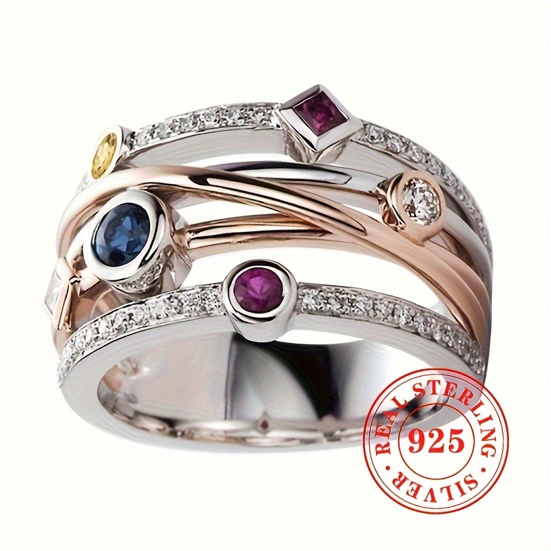 

Multi-layered Two-tone S925 Sterling Silver Ring With Synthetic Gemstones, Bohemian & Elegant Style, Women's Statement Band Jewelry For Casual And Party Wear