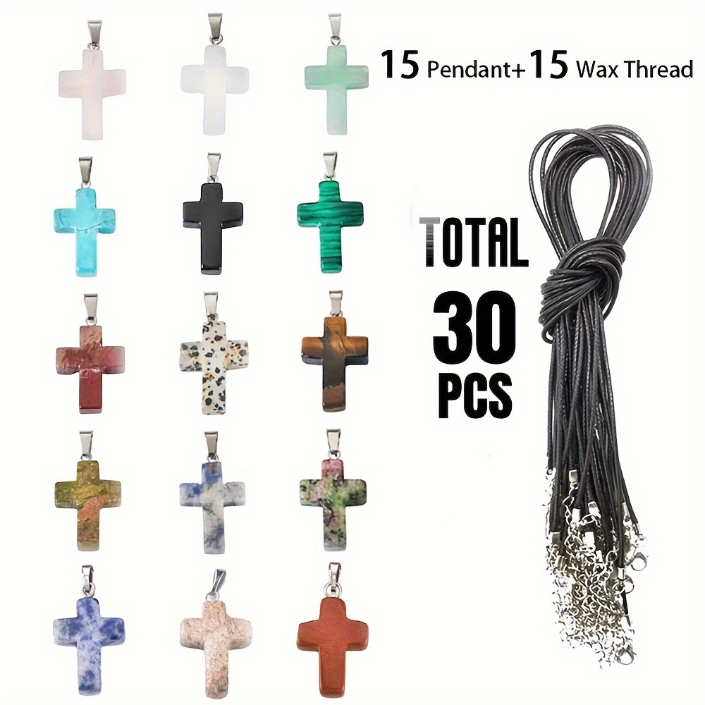 Image of 30pcs Cross Stone Pendants Natural And Chakra Crystal Charms And Black Leather Necklace Chain Necklace Jewelry Necklace Bracelet Earring Jewelry Making