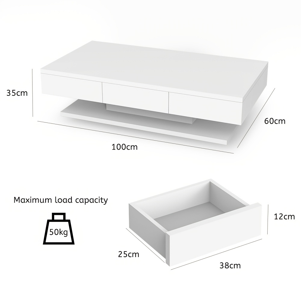 White Coffee Table With Wooden 2-drawer And Open Storage Space Modern Side Table Living Room Furniture Suitable For Places Such As Living Rooms, Bedrooms, And Offices. 100 X 60 X 35 Cm