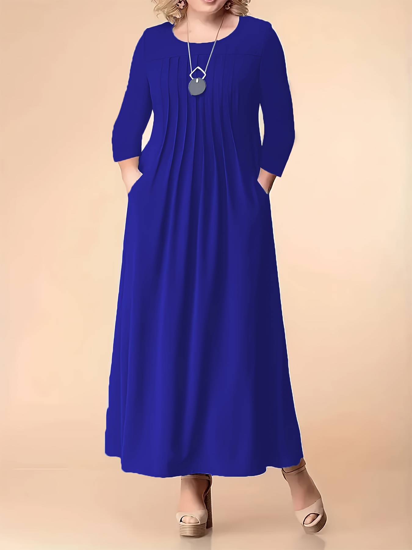 Plus Size Women's Elegant Long Sleeve Pleated Dress Navy Blue Round Neck  Midi Dress with Pockets, Fitted Top Flowy Skirt, Machine Washable All-Sea