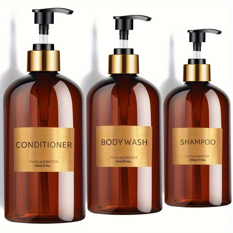 TEMU 3 piezas de botellas de para champú y acondicionador con de 250 ml/8.45 onzas, bomba de presión de plástico, dispensador de champú para ducha de