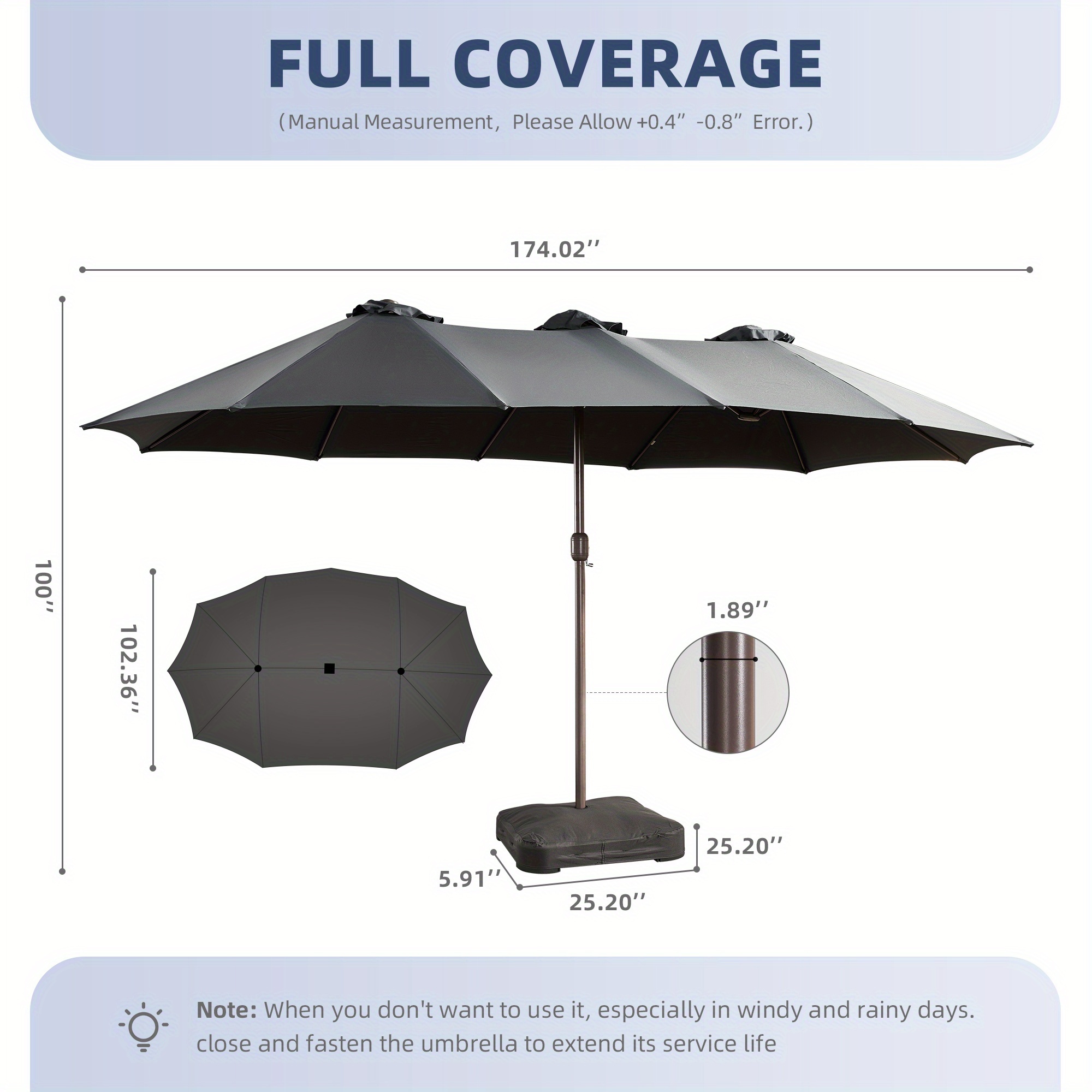15ft Double Sided Patio Umbrella With 36 Solar LED Lights, 8Hr Auto-Illumination, Commercial-Grade Wind-Resistant Steel Frame & Premium Polyester Fabric, Outdoor Oversized Market Table Umbrella - 12 Heavy Duty Ribs (Base Included)