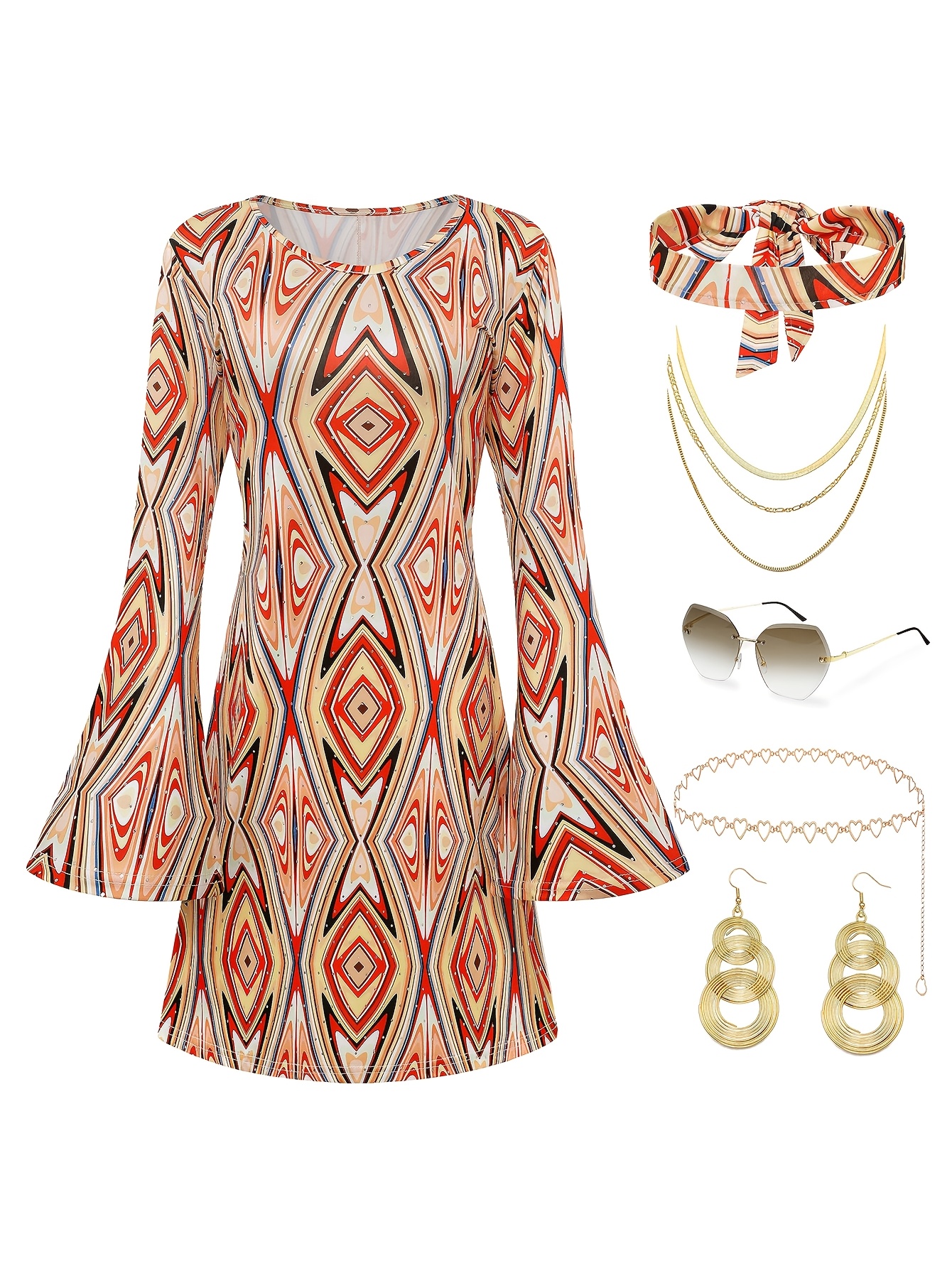 Costume Hippie Femme Années 70 AOOWU - Kit Complet 9 Pièces Cape Franges + Accessoires Rétro
