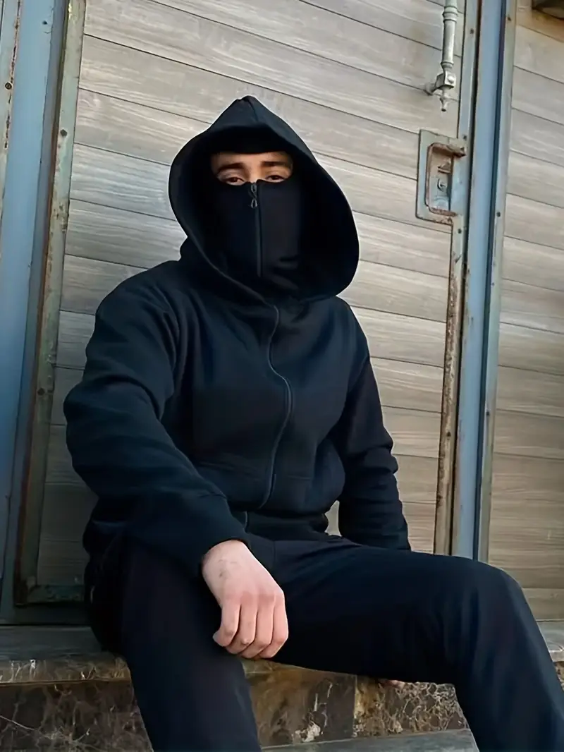 单件拉链蒙面休闲卫衣,快干防风连帽衬衫带面罩 - 轻质、高弹压缩运动服,适合户外活动 |非常适合健身房、跑步和休闲装 |时尚多色设计。 商品详情 3