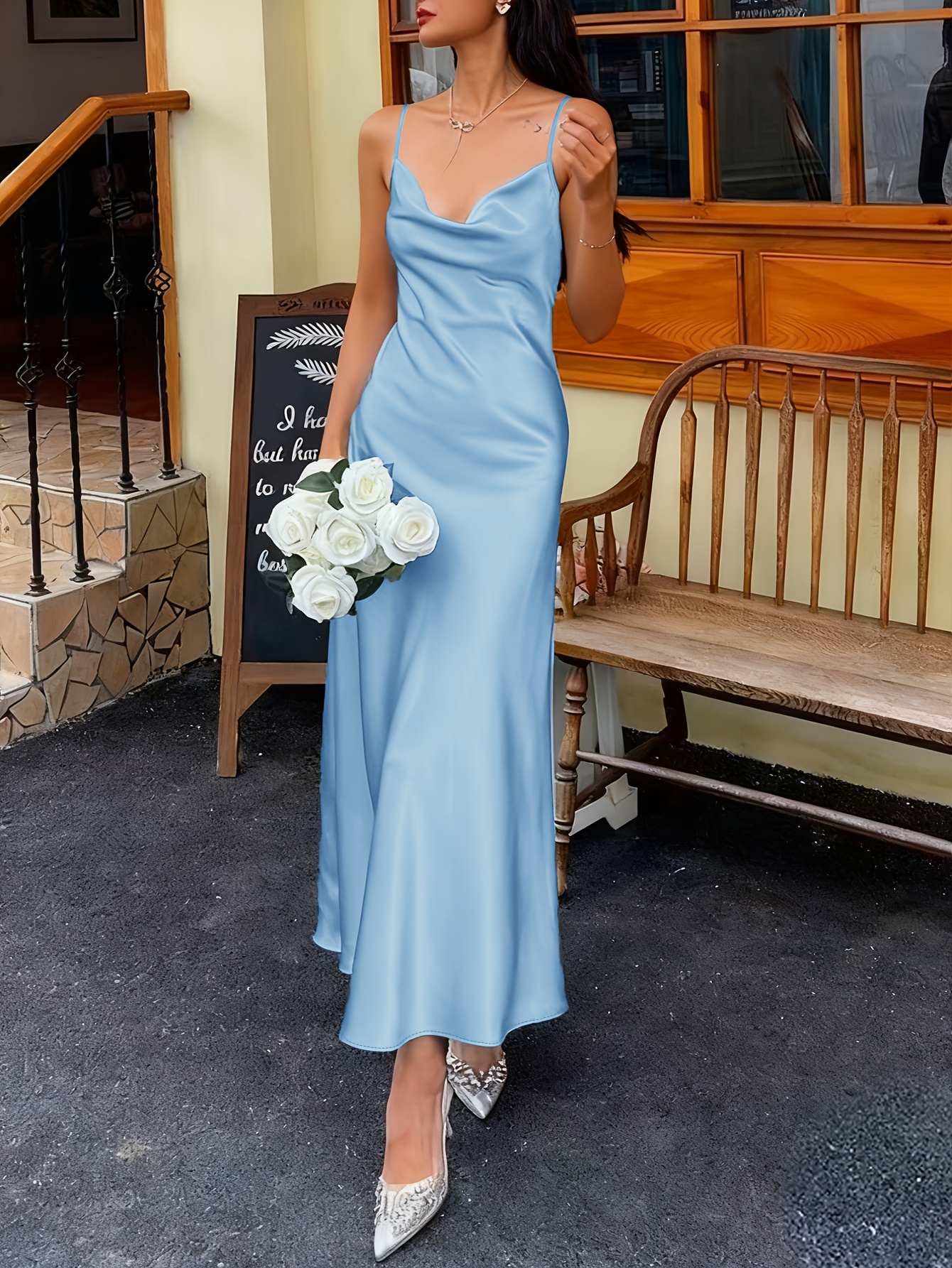 Summer New Solid Color Elegant Satin Suspender Women'S Dress * Long Skirt *  Celebrity Style Banquet Dating Commuting Versatile Dress Party Dress * ...