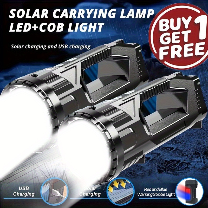 Solar Power LED Flashlight + COB Work Light – USB Rechargeable, Camping Torch, IP44, Silver