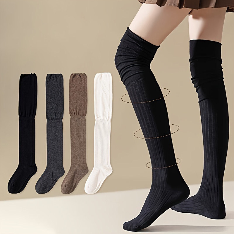 

4 Pairs Women's Over-the-knee Ribbed Socks, Polyester With Spandex, Machine Washable & Dry , Solid Color, Knit Fabric, Fashionable Boot Socks For Spring/autumn