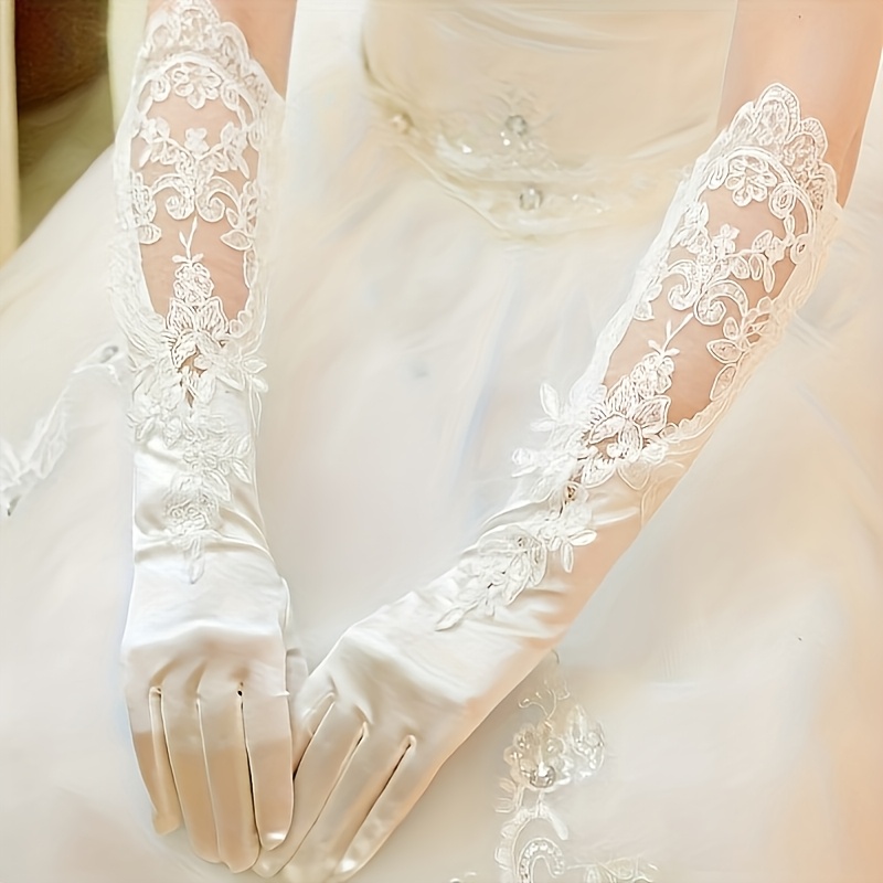 TEMU 2pcs Of Luxurious Long Lace Sequin Embroidered Wedding Gloves, Elegant Finger Covers For Brides, Suitable For Weddings, Balls, Evening Events,