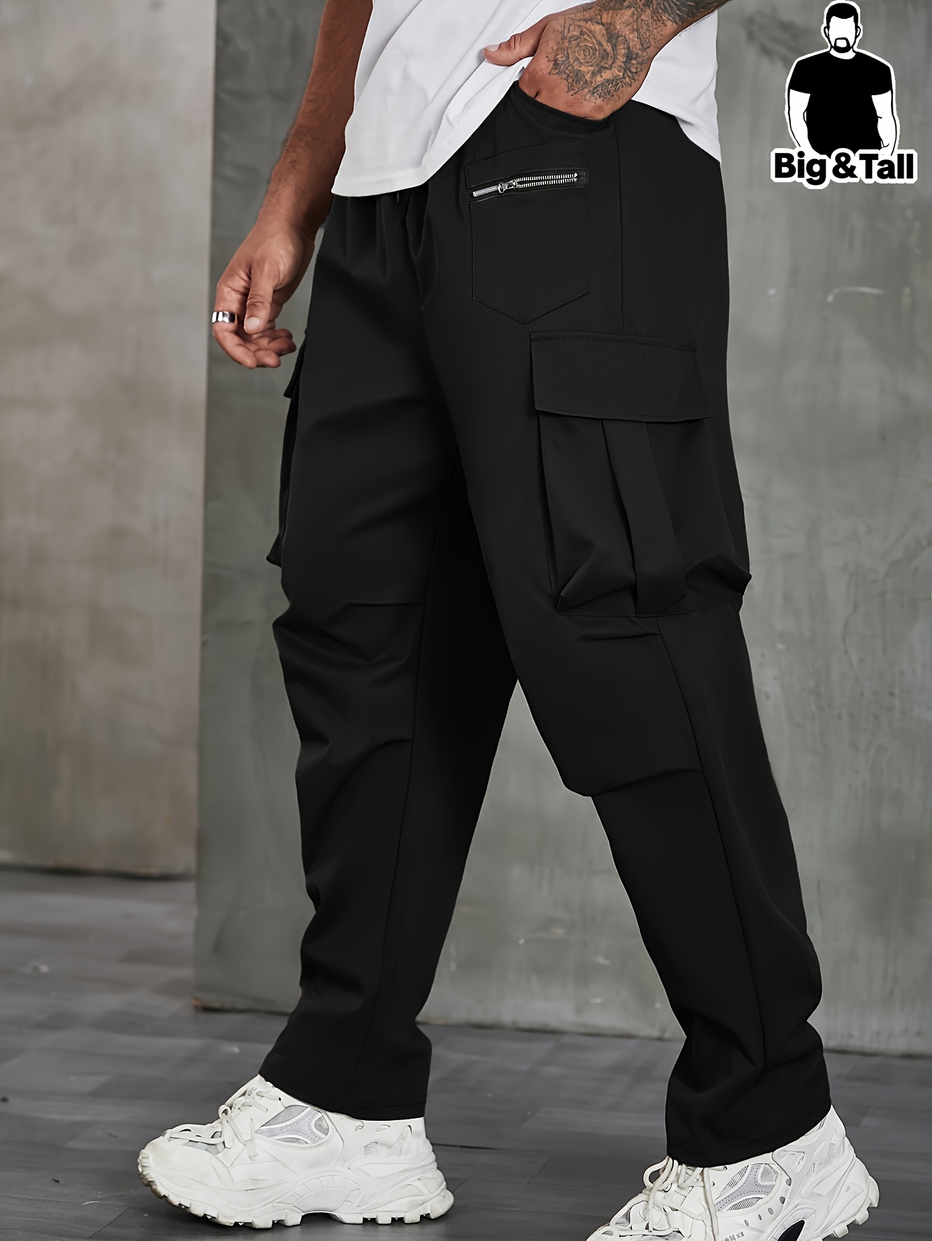 mens plus size cargo pants adjustable drawstring waist gray Temu