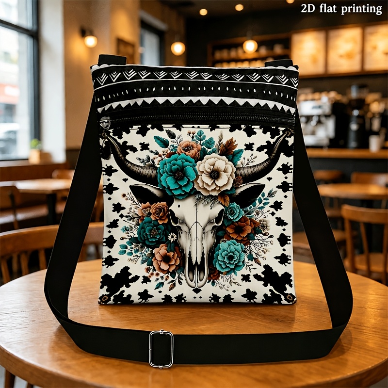 TEMU Skull & Floral Print Crossbody Bag Suitable For , Adjustable Strap With Zipper Closure, Bull Skull, Ethnic Geometric Trim, Machine Washable Bag