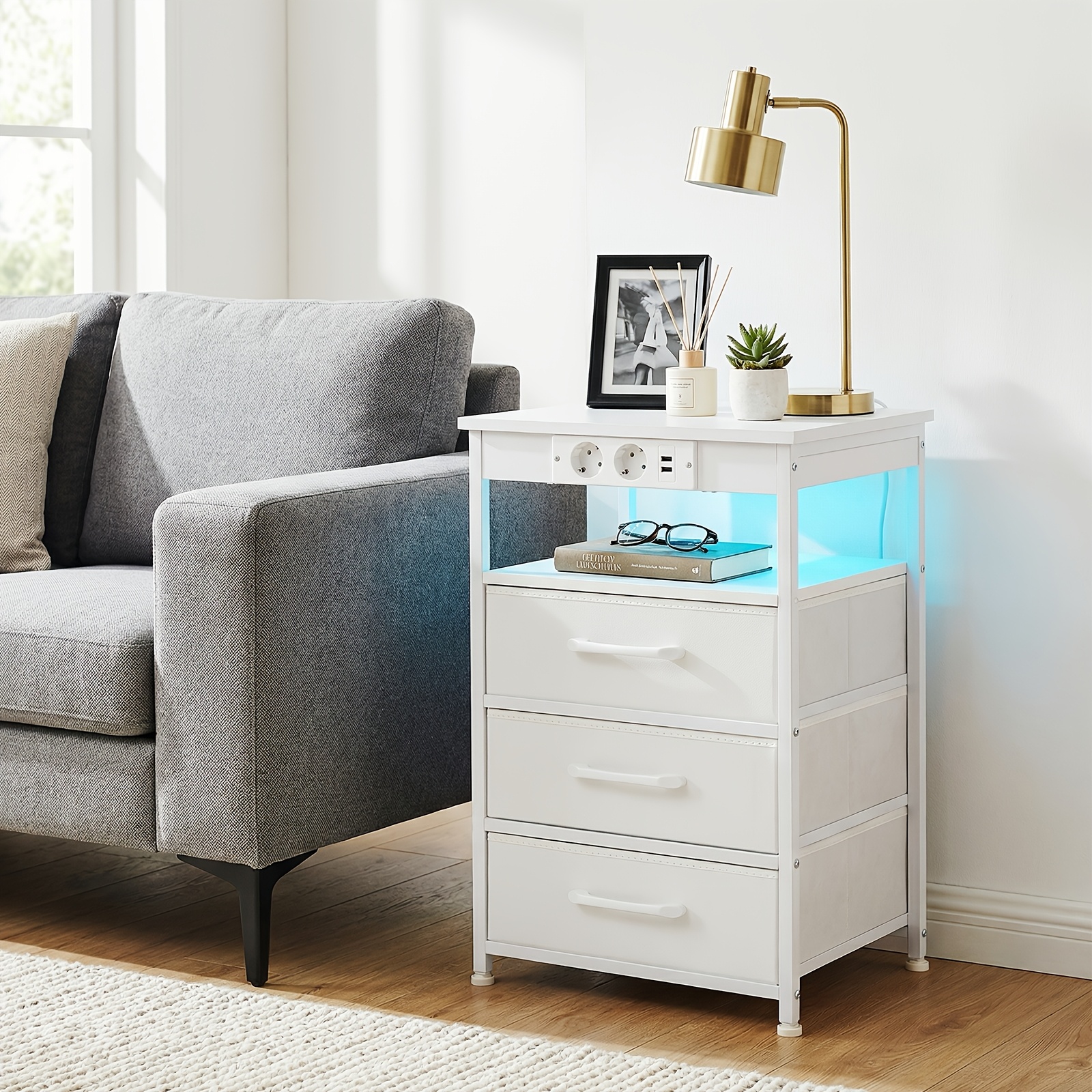 Image of Amhancible 2pcs White Bedside Tables With Charging Station And Led Lights, Modern Nightstand Set With 3 Fabric Drawers And Shelves, Durable Night Stands For Bedroom, Living Room