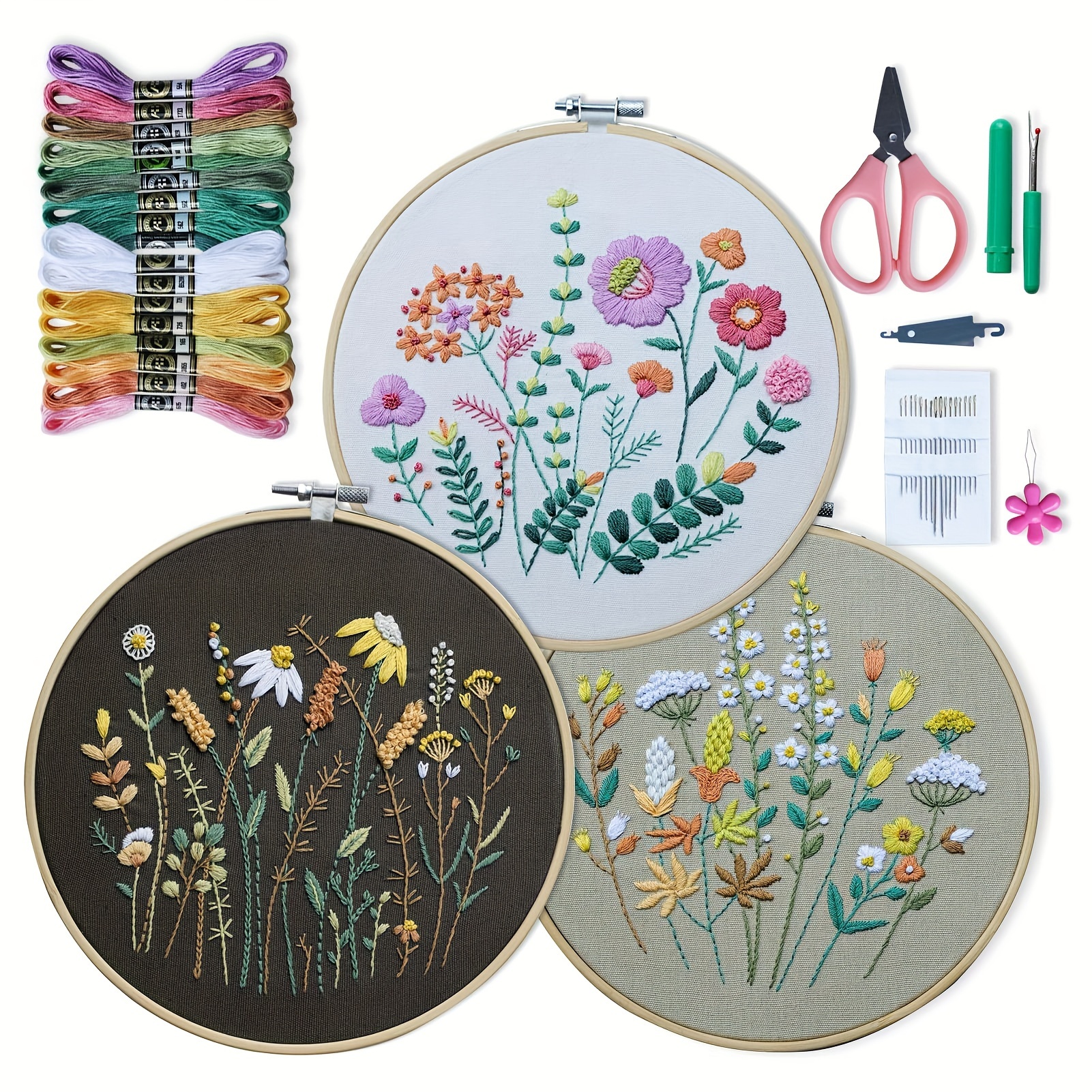 

3-pack Embroidery Starter Kit For Beginners With Patterned Fabric, Bamboo Hoops, Colorful Floss, Tools & Instructions – All-season Diy Craft Set For Adults Learning 33 Stitches