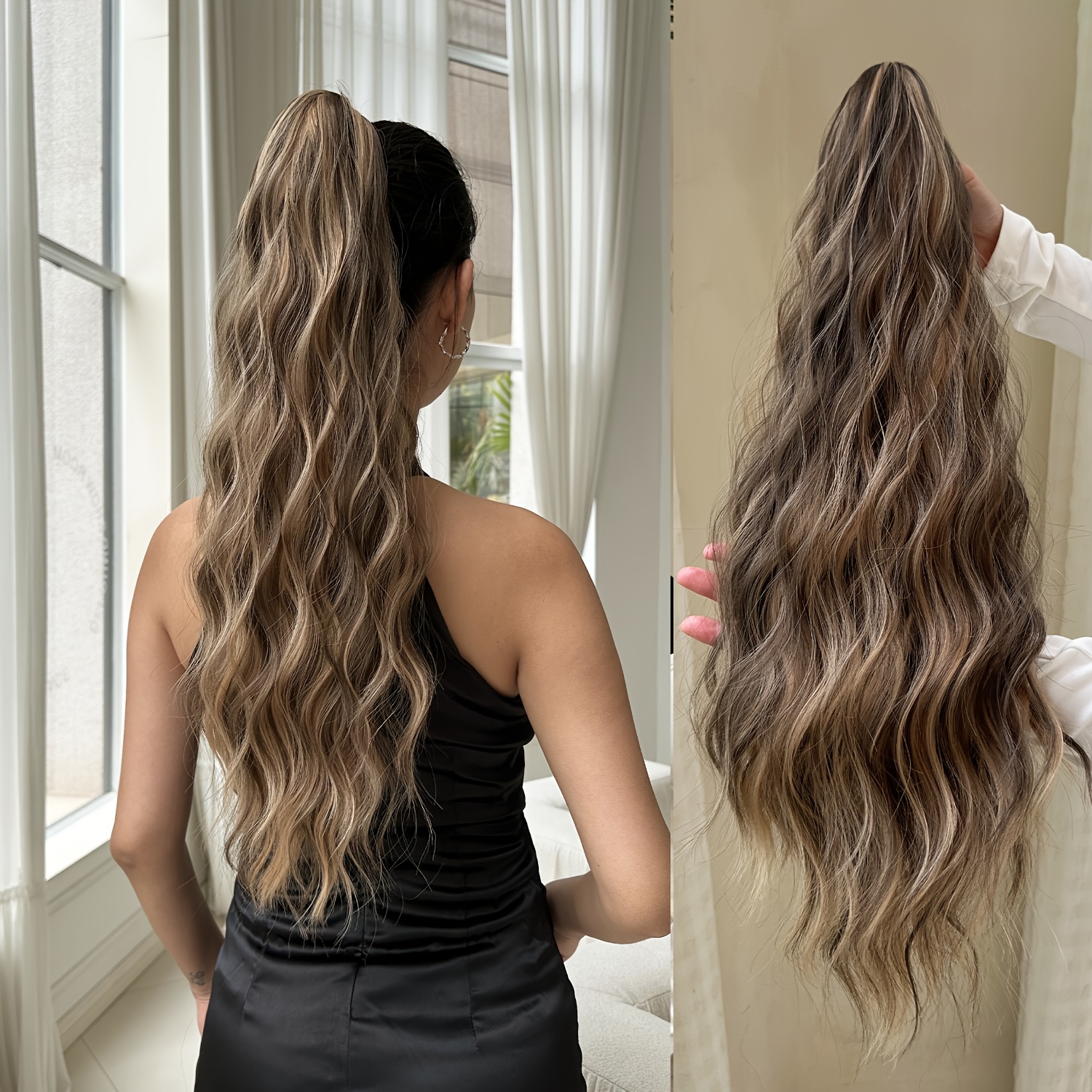   womens 24 inch long wavy drawstring ponytail extension high temperature fiber synthetic hairpiece for daily use details 2