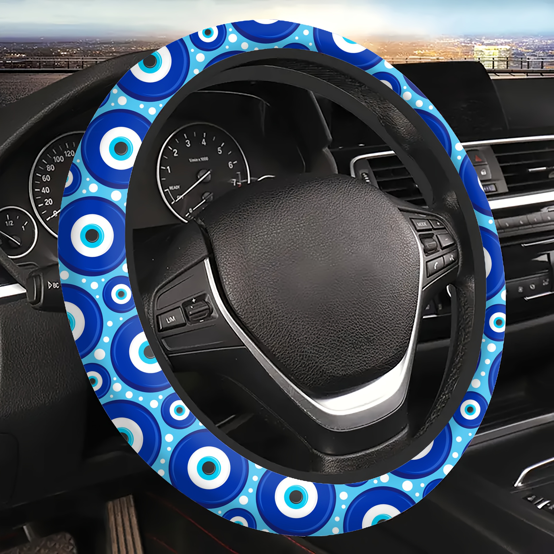 

Neoprene Steering Wheel Cover With Evil Eye Pattern - Universal 15 Inch Fit, Stretchable, Washable, Car Interior Decor Without