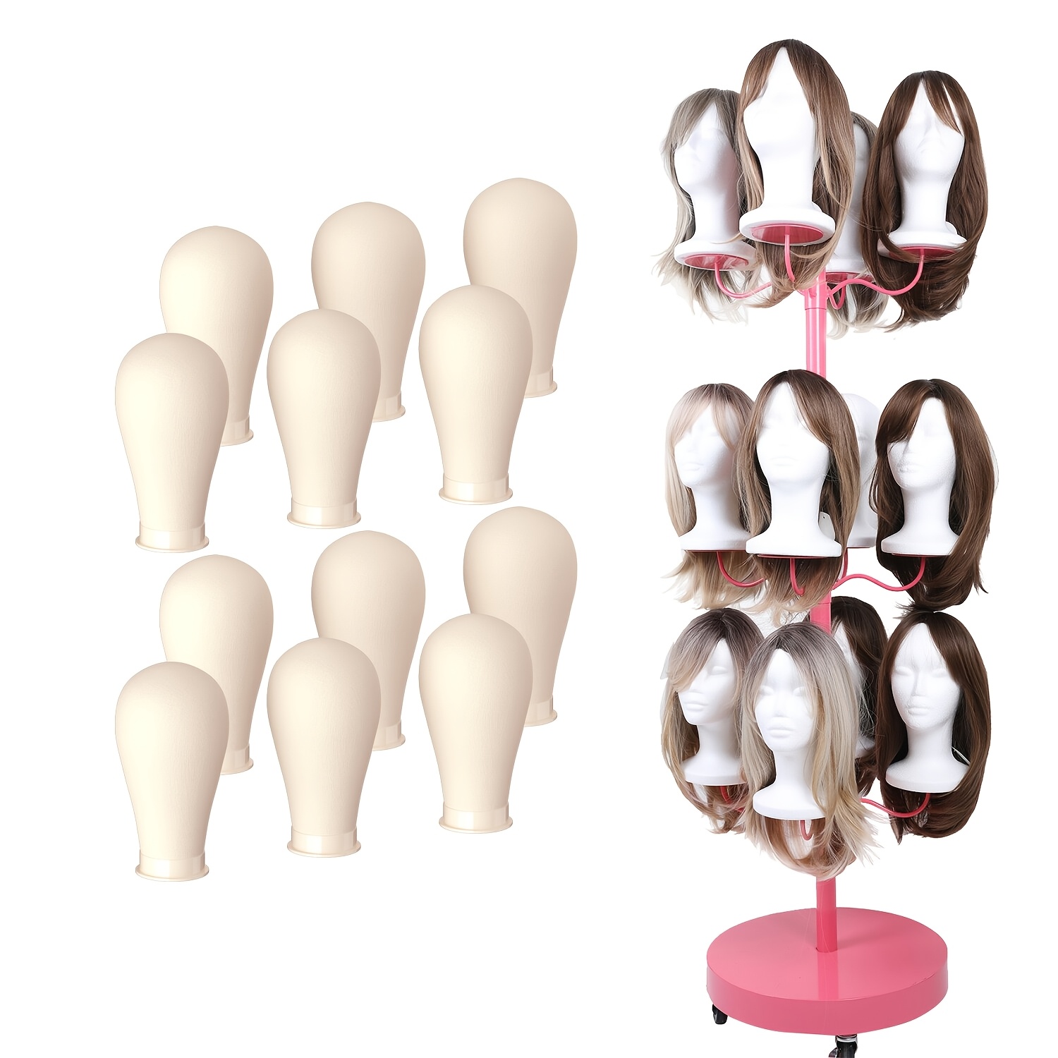 Wig Holder For 12 Wig Stands - Styling & Storage For Multiple Wigs - Metal Mannequin Stand, Wig Organizer, Storage Rack - Pink Patented